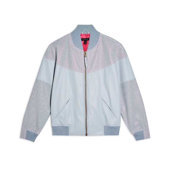 TOPSHOP  NEW  $110 Idol Perforated Faux Leather Bomber Jacket in Blue in size 4 - Picture 3 of 12